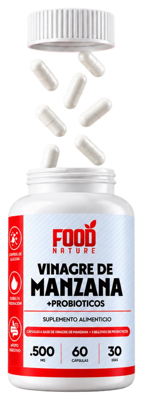 Frasco abierto de Vinagre de Manzana + Probióticos con cápsulas